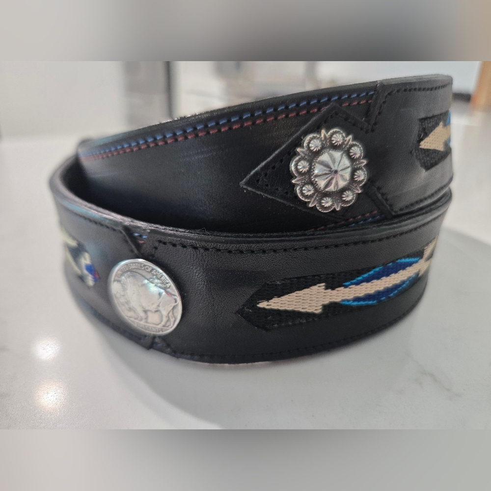 Tom Taylor Blue Hitched Inlay Leather Western Men's Belt Strap Buffalo Nickel